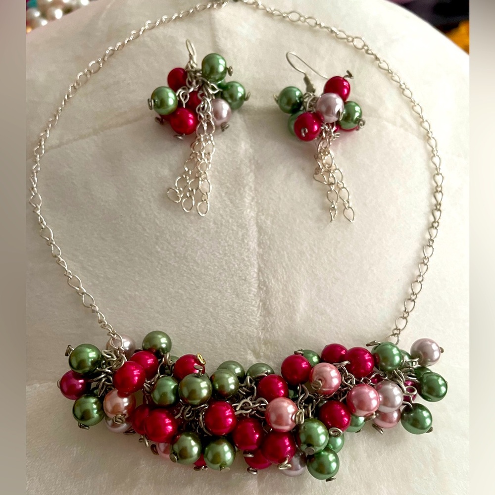 Silver plated pearl necklace and earrings